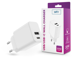 Setty hálózati töltő adapter Type-C + USB bemenettel - 20W - Setty USB/USB-C Wall Charger PD3.0 - fehér
