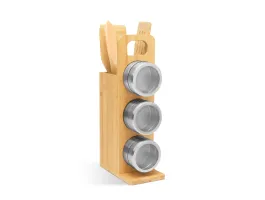 BEWELLO Mágneses fűszertartó - bambusz eszköz szettel - 7 részes - 80 x 135 x 275 mm