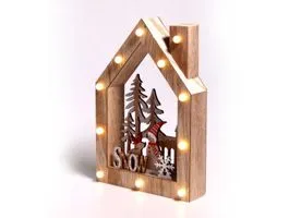 Iris Karácsonyi ház alakú Télapó-rénszarvas mintás/20x30x5,5cm/meleg fehér LED-es fa fénydekoráció