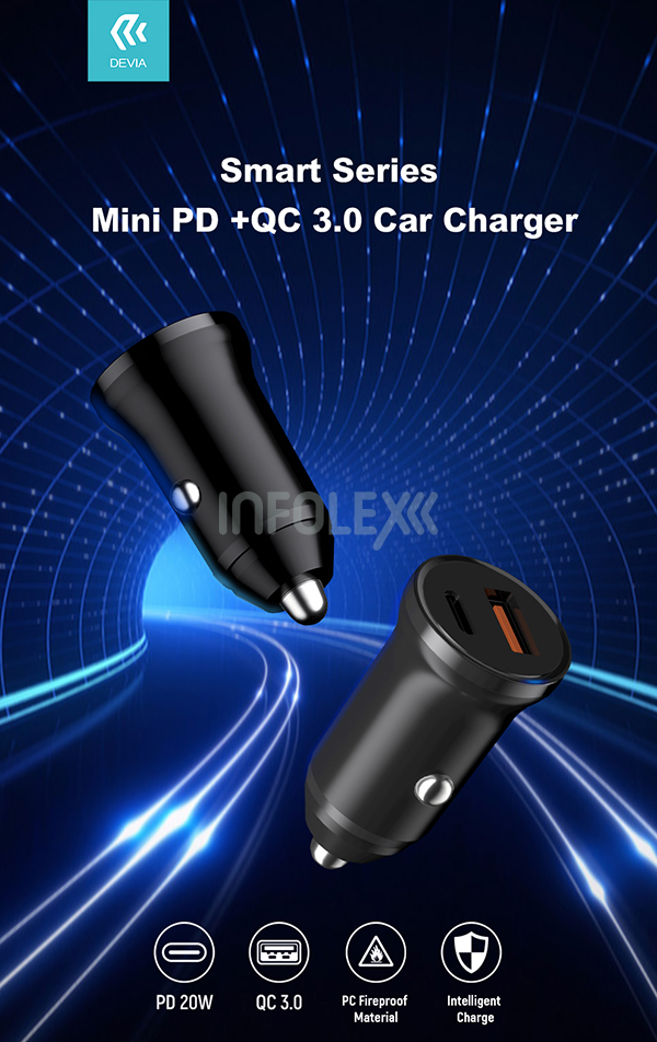 Devia Smart USB + Type-C szivargyújtós töltő adapter - Devia Smart Series Mini PD + QC3.0 Car Charger - 20W - black