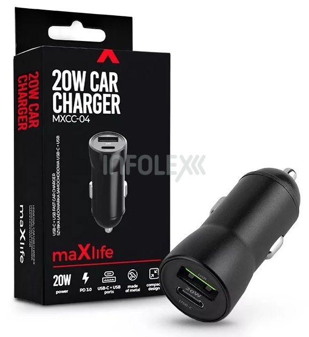 Maxlife MXCC-04 Type-C + USB 3A 20W szivargyújtós töltő adapter