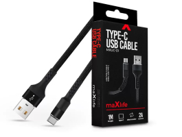 Maxlife USB - USB Type-C adat- és töltőkábel 1 m-es szövet vezetékkel - Maxlife MXUC-01 USB Type-C Cable - 5V/2A - feket
