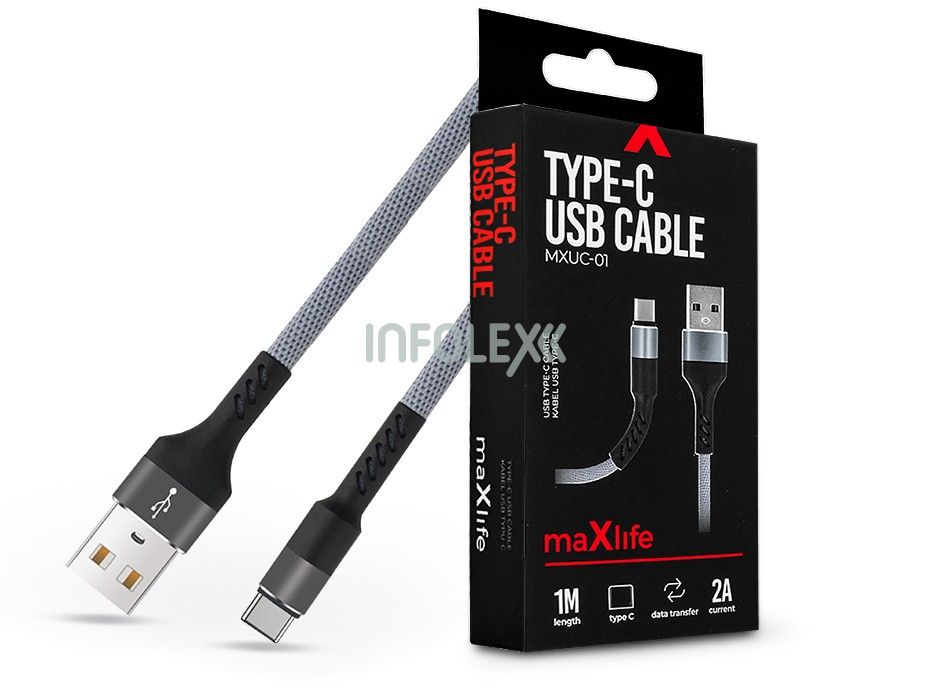 Maxlife USB - USB Type-C adat- és töltőkábel 1 m-es szövet vezetékkel - Maxlife MXUC-01 USB Type-C Cable - 5V/2A - szürk