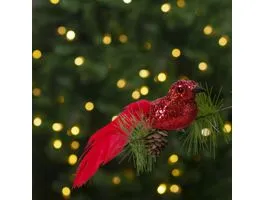 FAMILY Karácsonyi dísz - csipeszes - glitteres madár - piros - 2 db / csomag