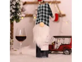 FAMILY Karácsonyi italos üveg dekor - fehér kockás manó - poliészter - 40 x 12 cm