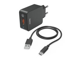 HAMA hálózati töltő adapter USB bemenettel + USB - Type-C kábel - 19.5W - HAMA Charger Kit with USB-C QC3.0 - fekete