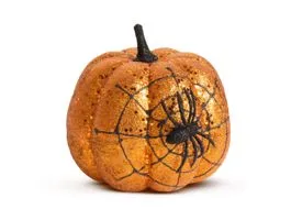 EGYEB Halloween-i tök dekoráció - narancs glitteres - pókhálóval - 15 cm
