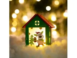 FAMILY Karácsonyi LED dekor házikó - melegfehér - fa - 2 féle - 7,5 x 9,5 x 5,5 cm - 12 db / display