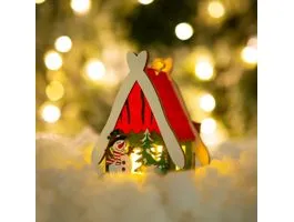 FAMILY Karácsonyi LED dekor házikó - melegfehér - fa - 2 féle - 6,9 x 8,9 x 6 cm - 12 db / display