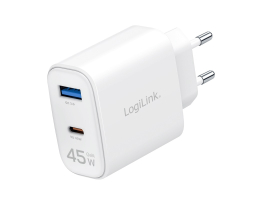 Logilink Kettős USB aljzatú adapter, 45 W, GaN, 1x USB-A, 1x USB-C, fehér (PA0410)