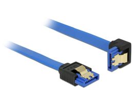 Delock SATA-kábel, 6 Gb/s, hüvely, egyenes  SATA hüvely, lefelé ívelt, 10 cm, kék aranyszínu kapcso (85088)