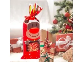 FAMILY Karácsonyi italos üveg tartó szalaggal - rénszarvas - poliészter - 32 x 12,5 cm