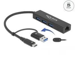 Delock 3 Port USB 3.2 Gen 1 Hub + Gigabit LAN USB Type-C  vagy A-típusú USB konnektorral (64149)