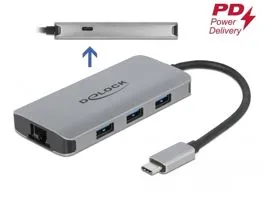 Delock USB 3.2 Gen 1 hub 4 porttal és Gigabit LAN-nel, valamint PD-vel (63252)